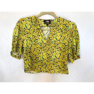 A.P.C. Yellow Ditsy Floral Crepe Short Puff Sleeve Crop Top Blouse, XS, 34